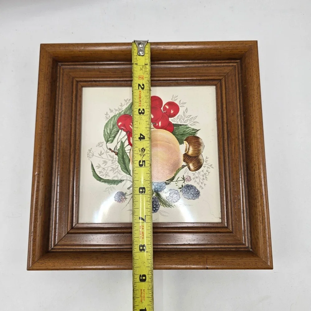 Vintage Framed Fruit Ceramic Tile Art Brown Wood Square Kitchen Still Life Decor